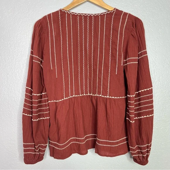 Madewell Embroidered Faux-Wrap Top Women's Size S Surplice Neckline Long sleeves - Picture 7 of 11